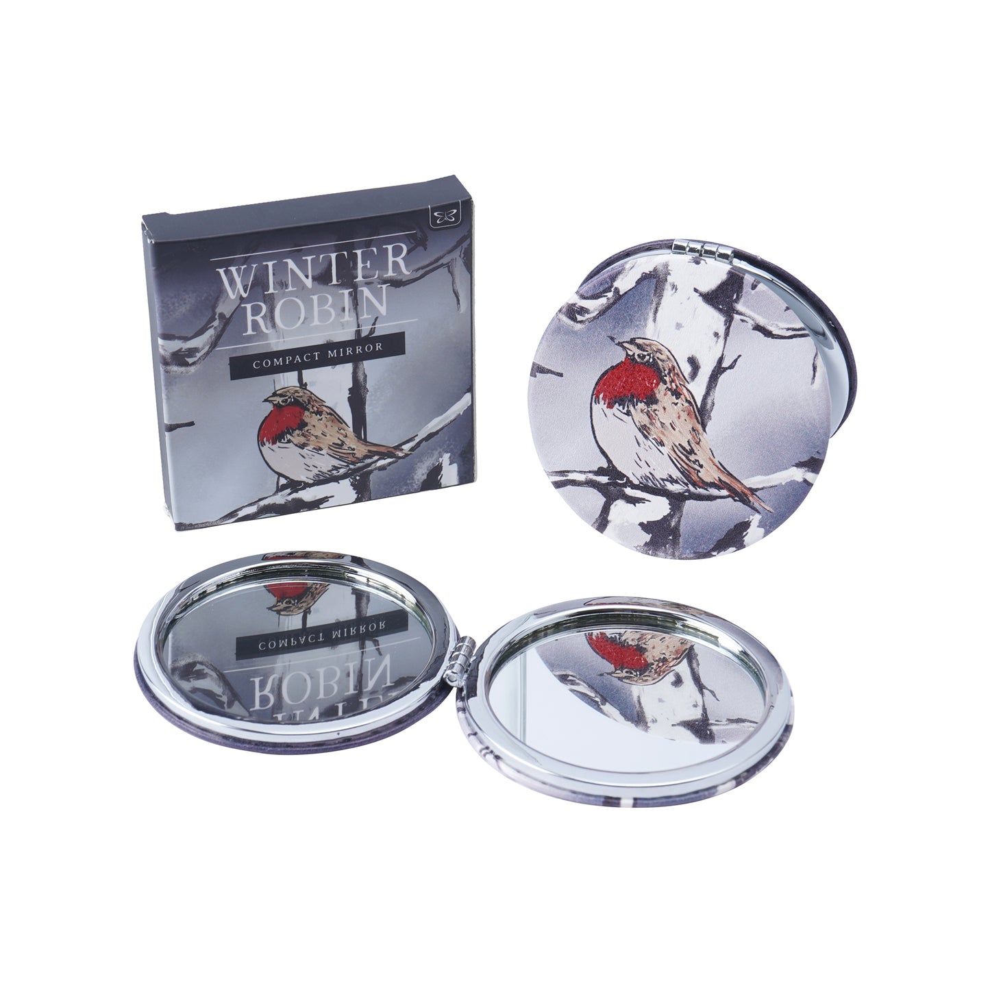 Compact mirror with a winter robin design