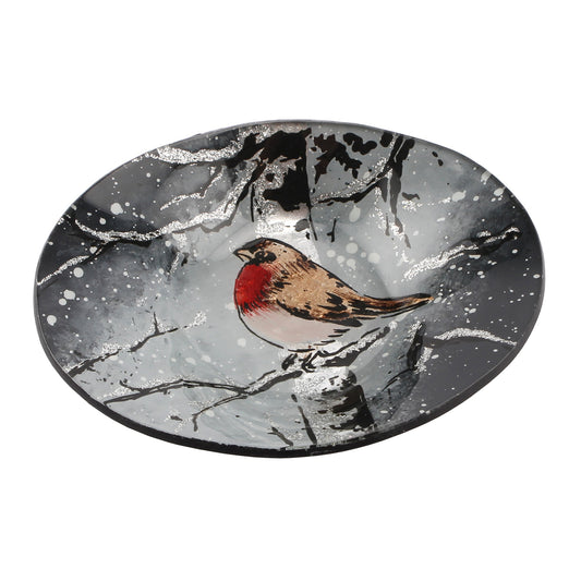 A glass oval bowl with a robin design and silver details