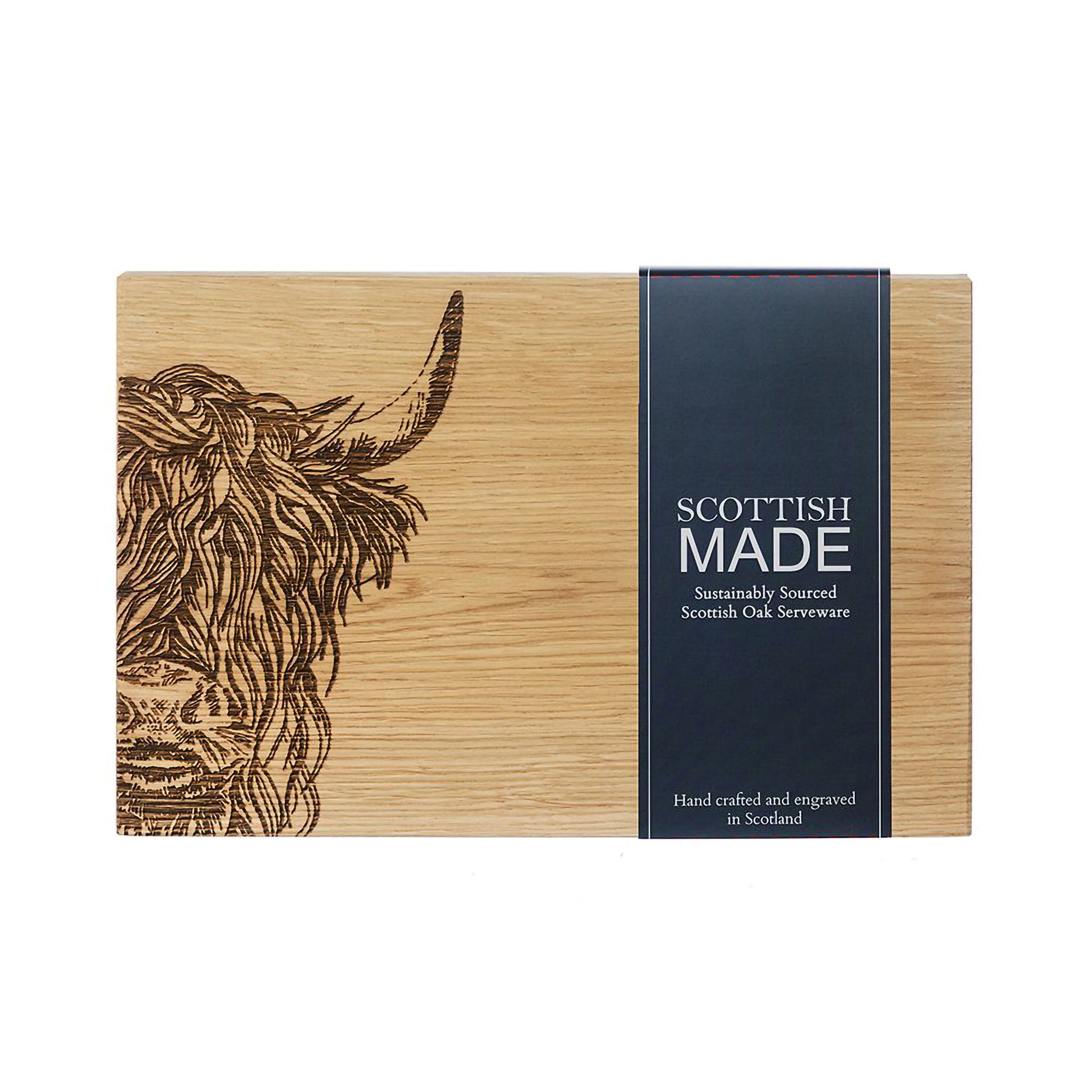 Wooden cutting board with engraved Highland cow and packaging sleeve