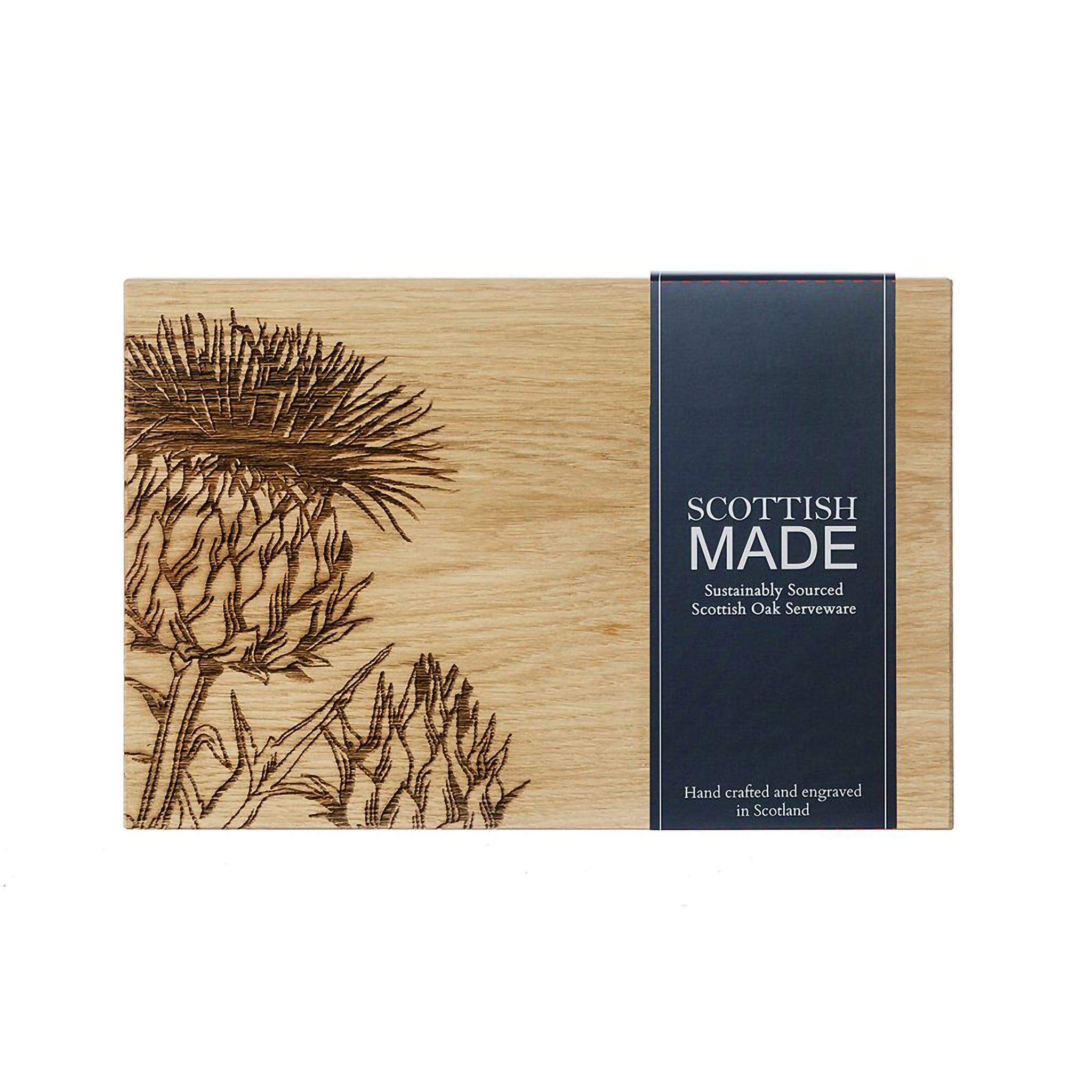 Wooden cutting board with engraved Scottish Thistle and packaging sleeve