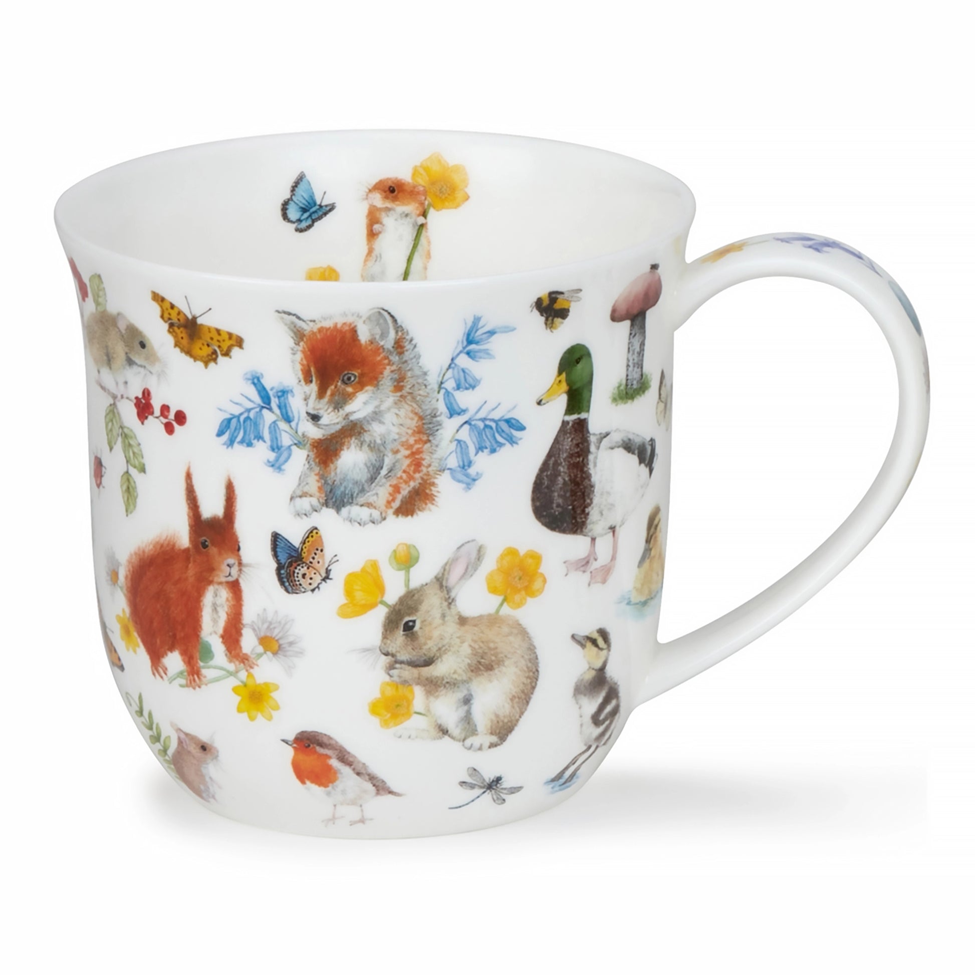 A white mug printed with woodland creatures