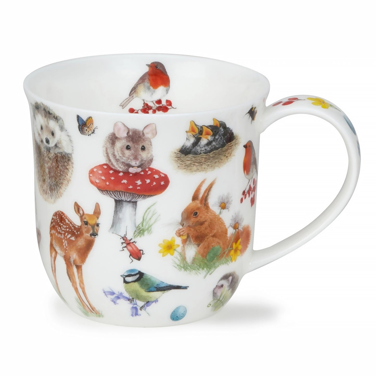 A white mug printed with woodland creatures