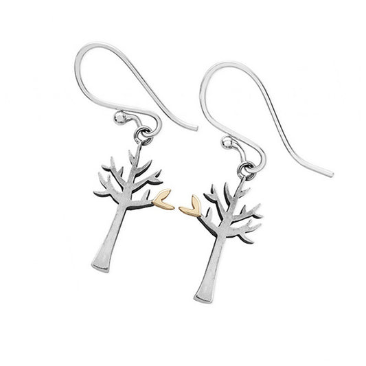 Pair of silver earrings in illustrative tree shapes with little golden heart details, on silver hook fittings