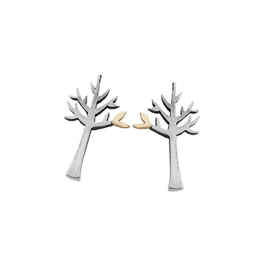 Pair of silver earrings in illustrative tree shapes with little golden heart details, on silver hook fittings