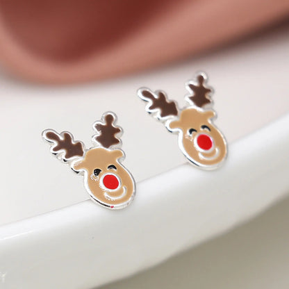 Pair of silver stud earrings shaped like Rudolph the reindeer with enamelled details