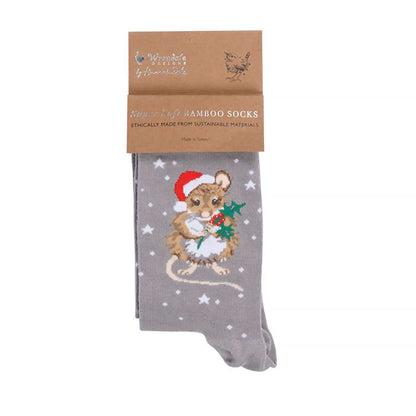 Grey Christmas mouse in Santa hat socks