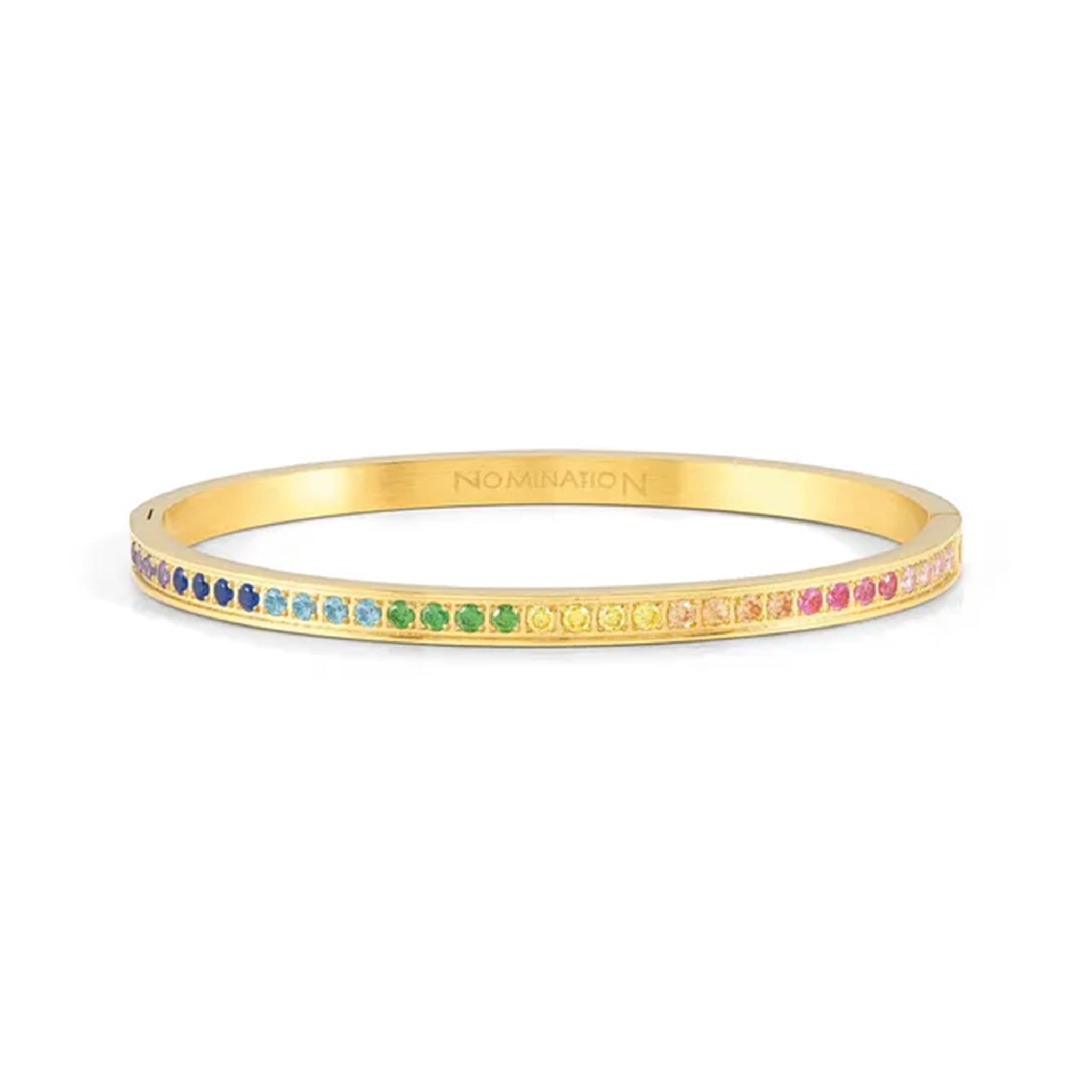 A yellow gold bangle with rainbow CZ strip