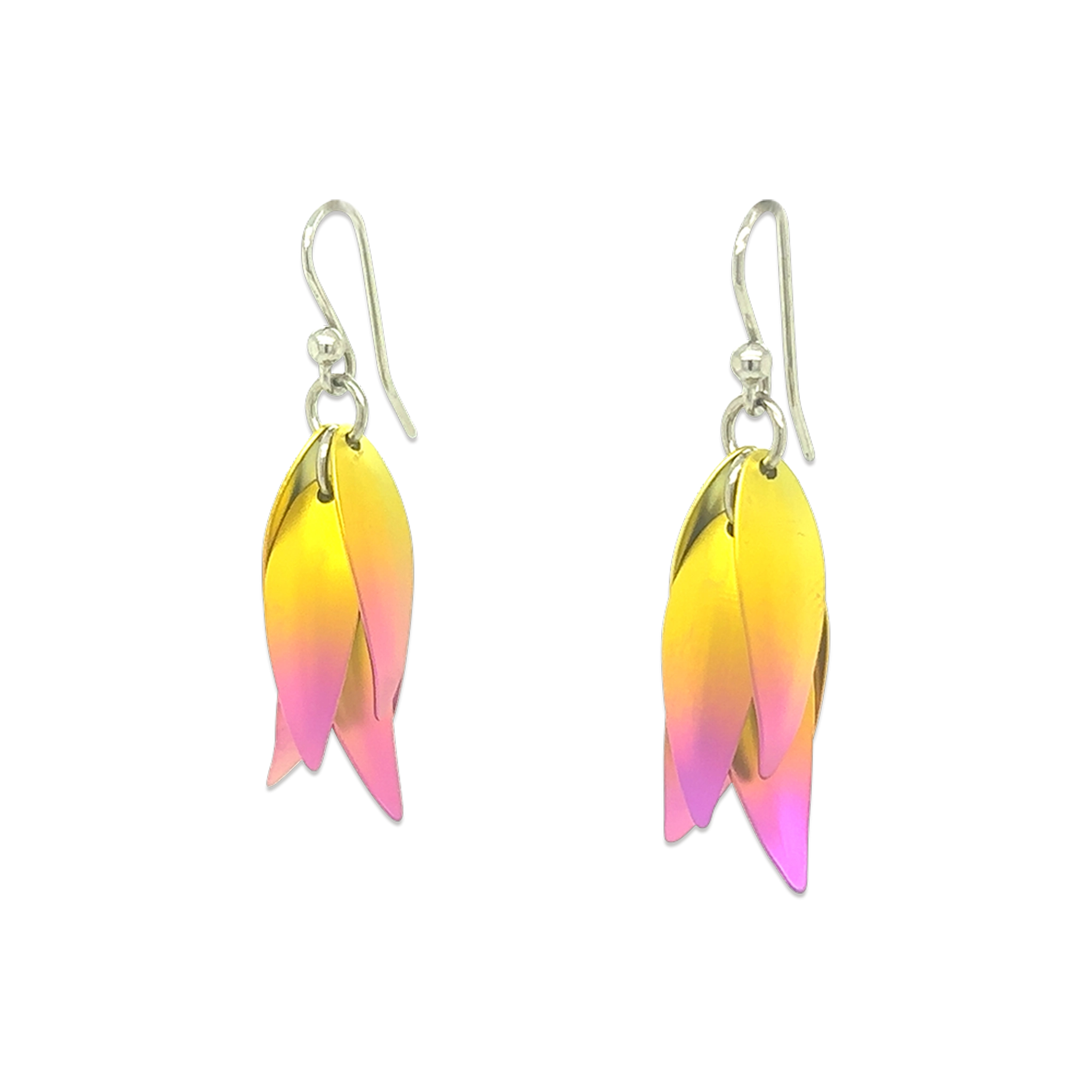 Titanium drop flower shaped earrings with yellow and pink ombre