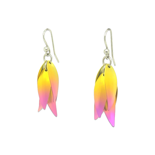 Titanium drop flower shaped earrings with yellow and pink ombre