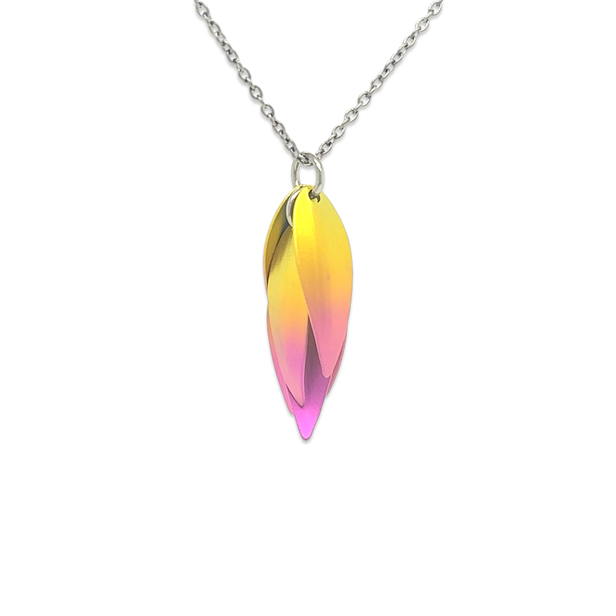 A titanium drop flower shaped pendant with yellow and pink ombre