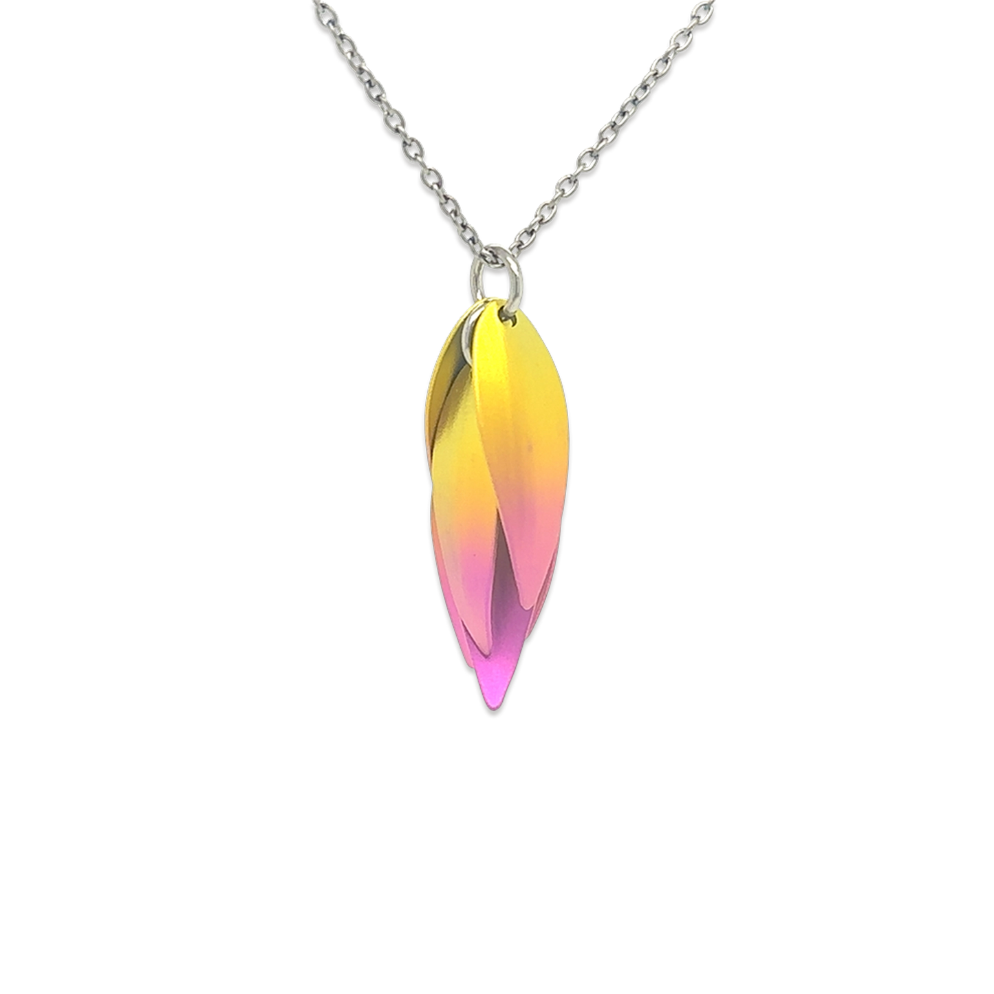 A titanium drop flower shaped pendant with yellow and pink ombre