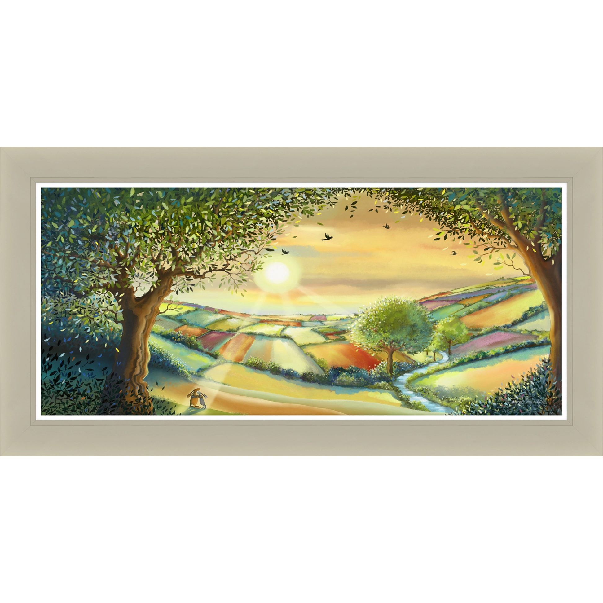 Framed print of a field and bunnies by artist Catherine Stephenson