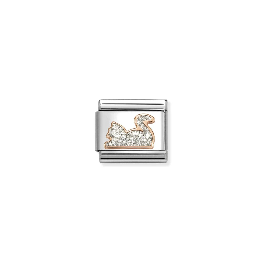 Glitter Silver Cat Link | 9K Rose Gold & Enamel
