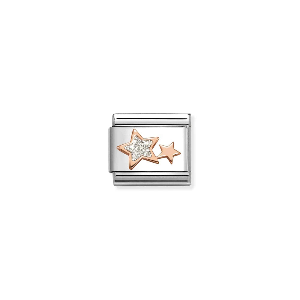 Glitter Silver Double Stars Link | 9K Rose gold & Enamel