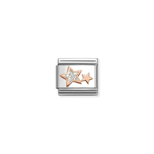 Glitter Silver Double Stars Link | 9K Rose gold & Enamel