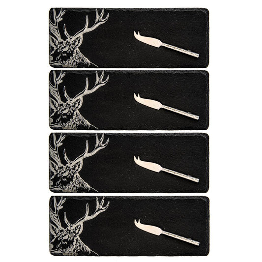 4 Etched Stag Cheese Board & Knife Set