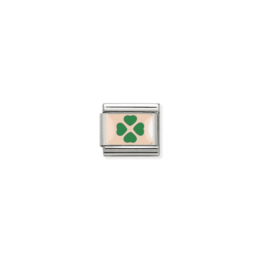 Green Four Leaf Clover Charm - 9K Rose Gold and Enamel