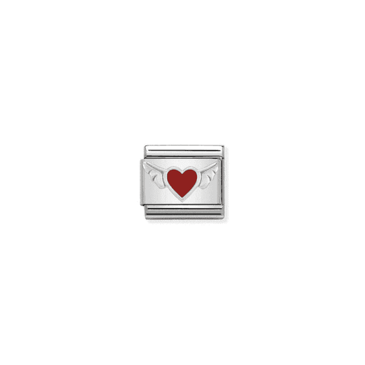 Flying Red Heart Wings Charm - Silver-Enamel