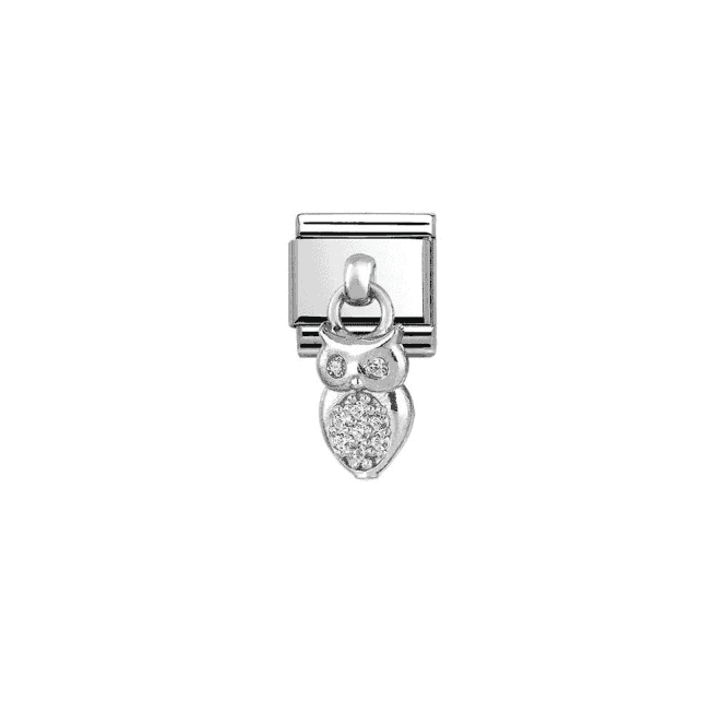 Owl Drop Charm - Silver and CZ