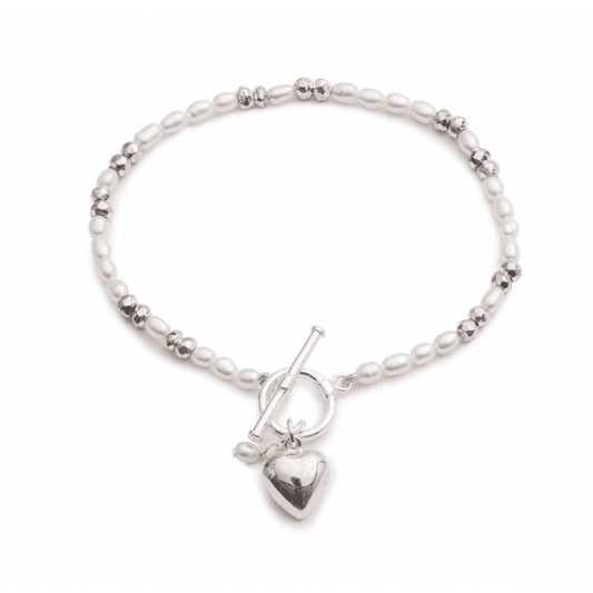 White Rice Pearl & Silver Heart Bracelet
