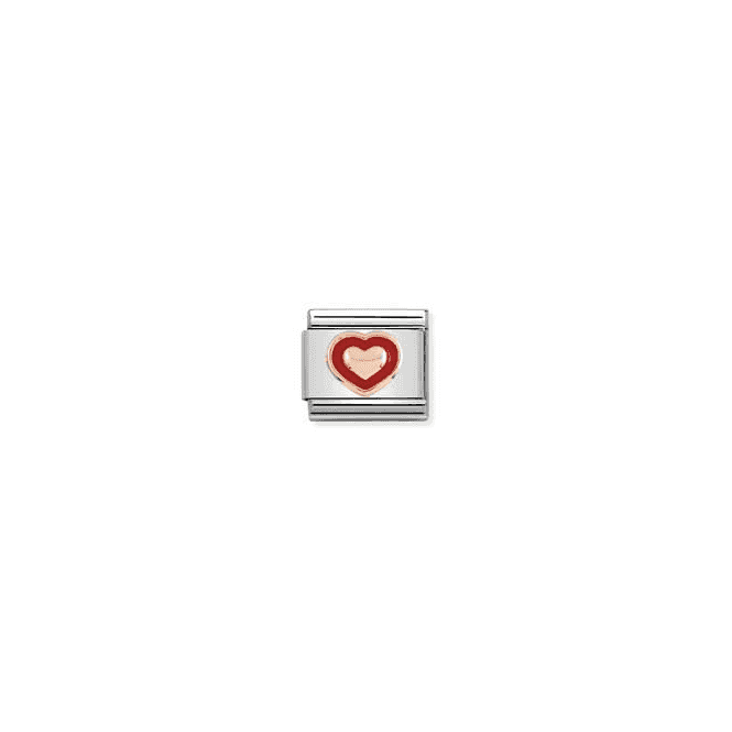 Heart with Red Border Charm - 9k Rose Gold and Enamel
