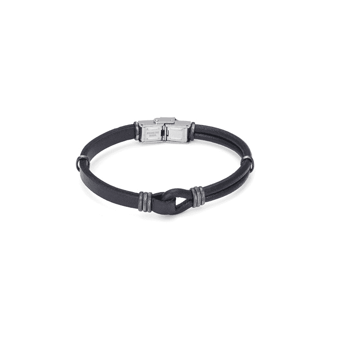 Stainless Steel & Black Leather Linked Loop Bracelet