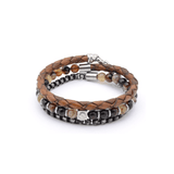 Stainless Steel & Brown Leather Triple Wrap & Agate Bracelet