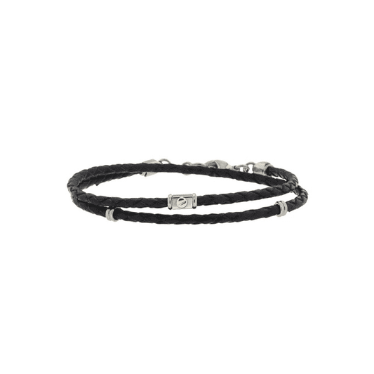 Stainless Steel & Black Leather Double Wrap & 18K Gold Bracelet