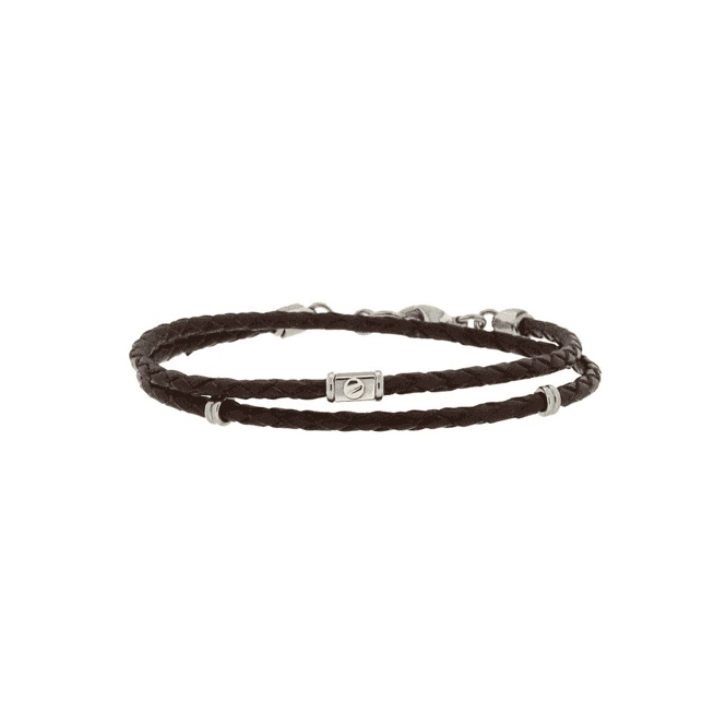 StainlessSteel & Brown Leather Double Wrap & 18K Gold Bracelet