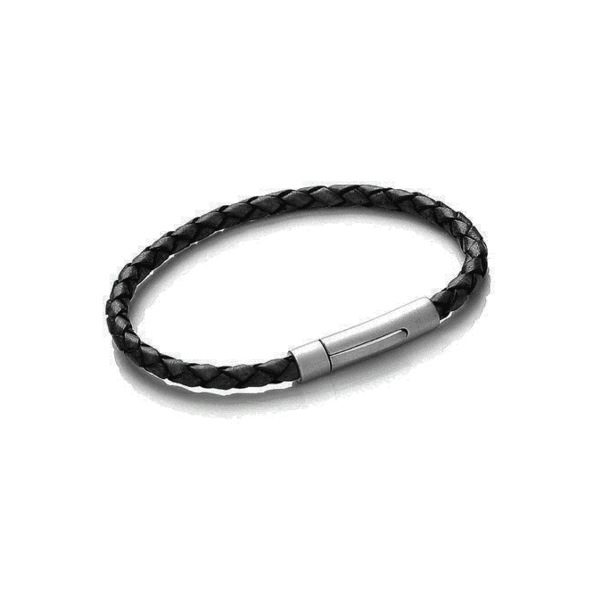Stainless Steel & Black Slim Leather Bracelet