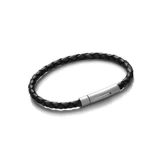 Stainless Steel & Thin Black Leather Woven Bracelet