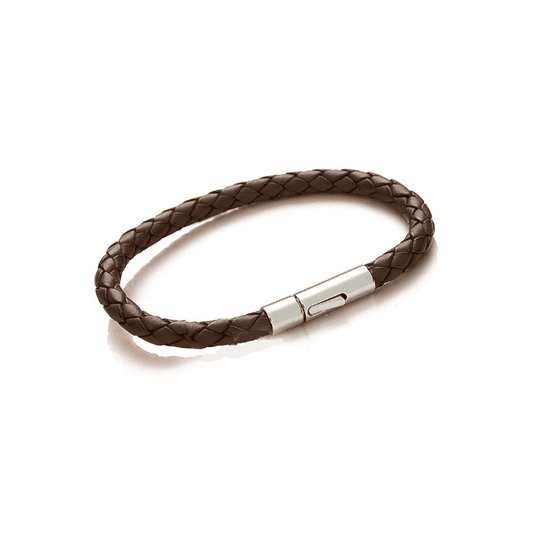 Stainless Steel & Brown Leather Plaited Bracelet