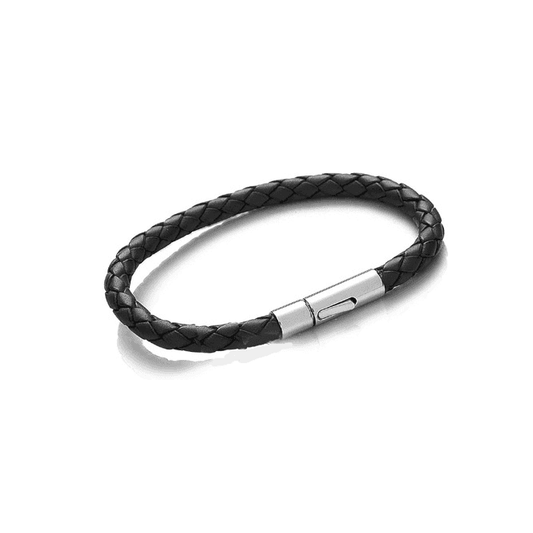 Stainless Steel & Black Leather Plaited Bracelet