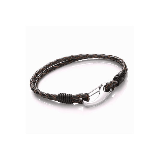 Stainless Steel & Brown Leather Two Strand Bracelet