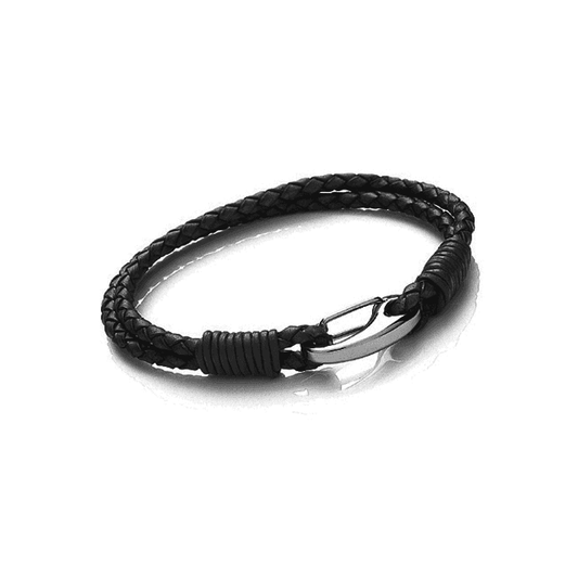 Stainless Steel & Black Leather Two Strand Bracelet