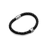Stainless Steel & Black X Charm Leather Woven Bracelet