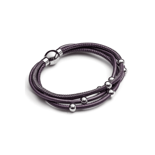 Stainless Steel Beads & Four Strand Purple Leather Bracelet