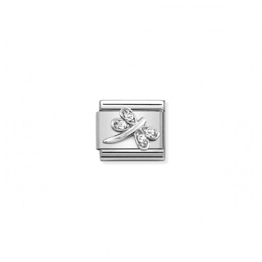 White Dragonfly Charm - Silver and CZ