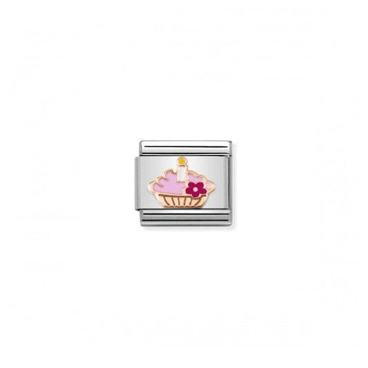 Cupcake with Candle Charm in 9K Rose Gold & Enamel