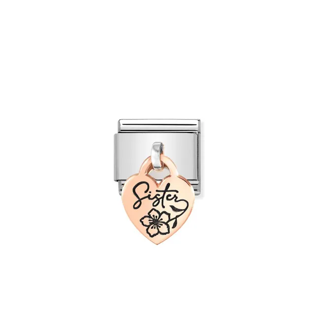 Nomination bracelet charm with rose gold drop heart that says 'sister' in black joined lettering with a flower