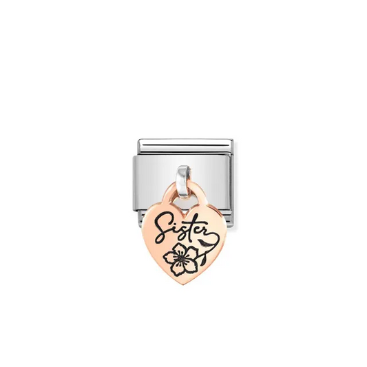 Nomination bracelet charm with rose gold drop heart that says 'sister' in black joined lettering with a flower