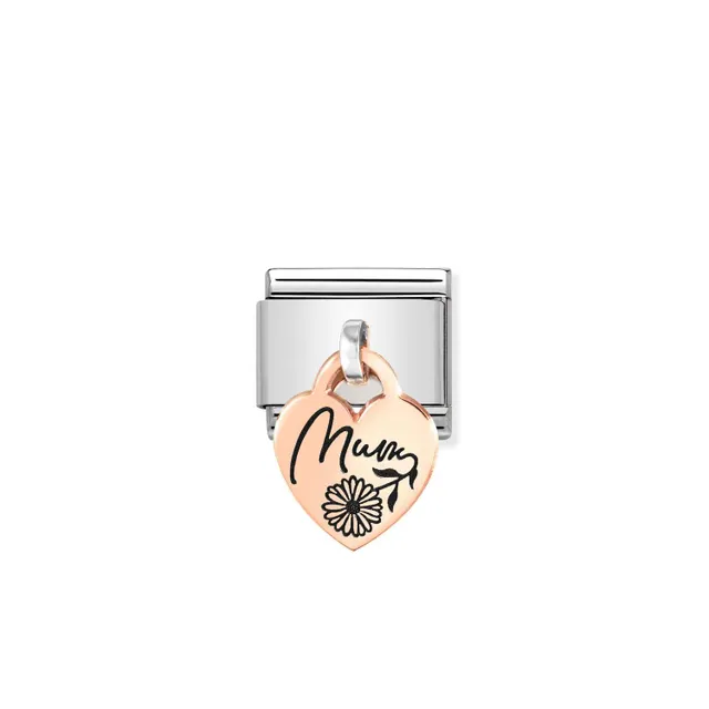 Nomination bracelet charm with rose gold drop heart that says 'mum' in black joined lettering with a flower