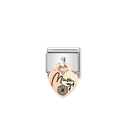 Nomination bracelet charm with rose gold drop heart that says 'mum' in black joined lettering with a flower
