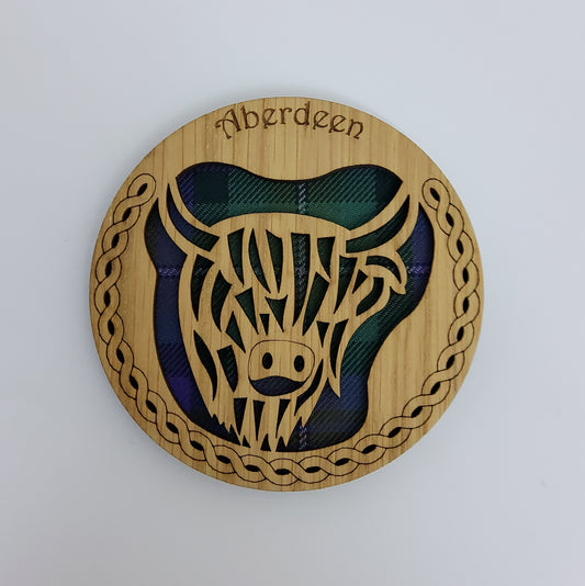 Round Aberdeen Coo Coaster with Tartan