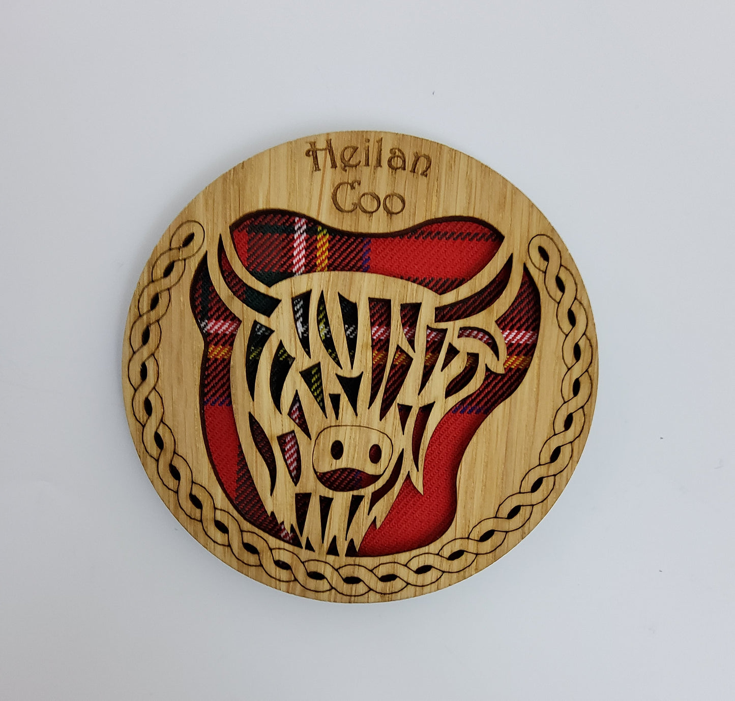 Round Highland Coo Coaster with Tartan