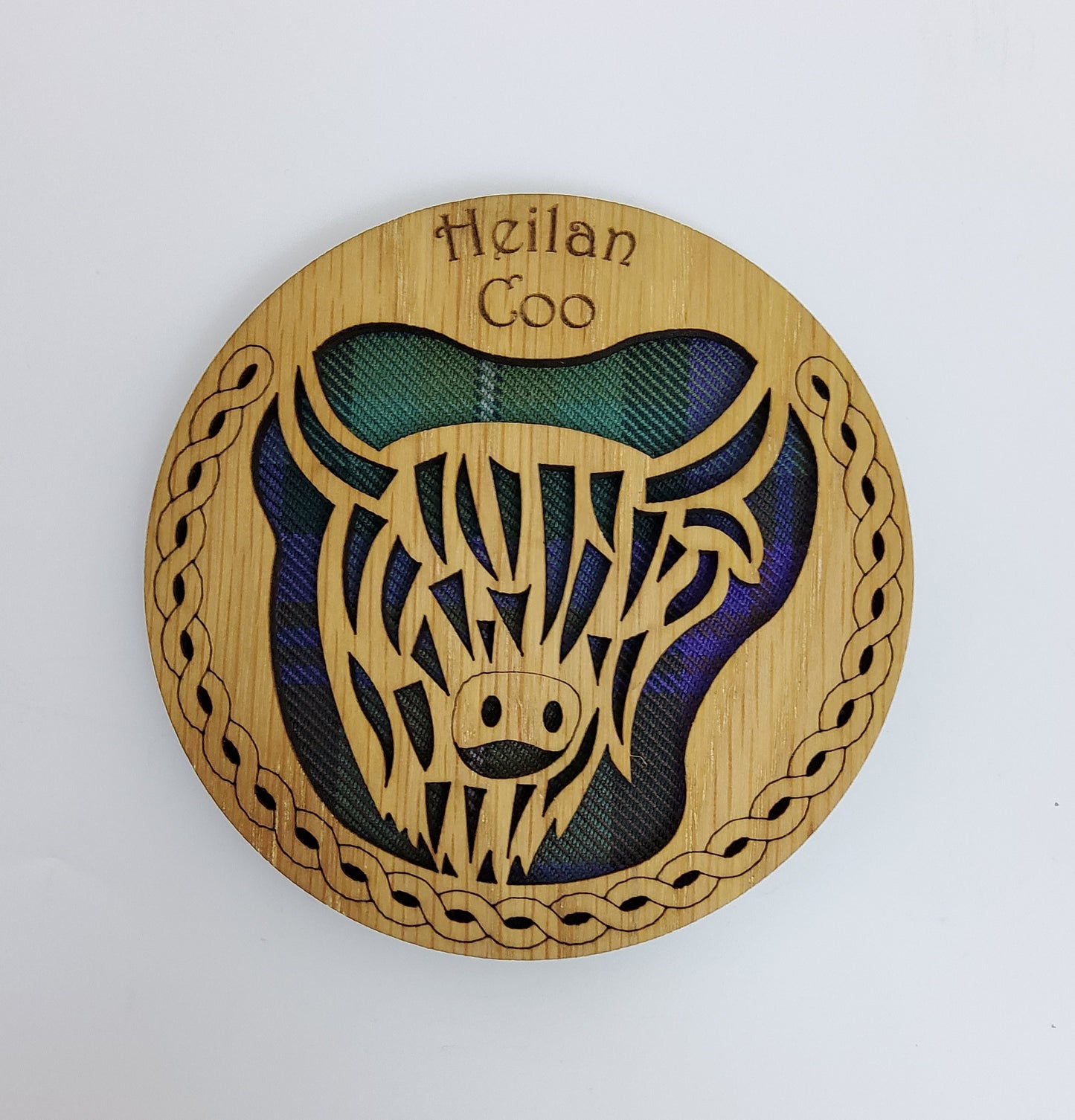 Round Highland Coo Coaster with Tartan