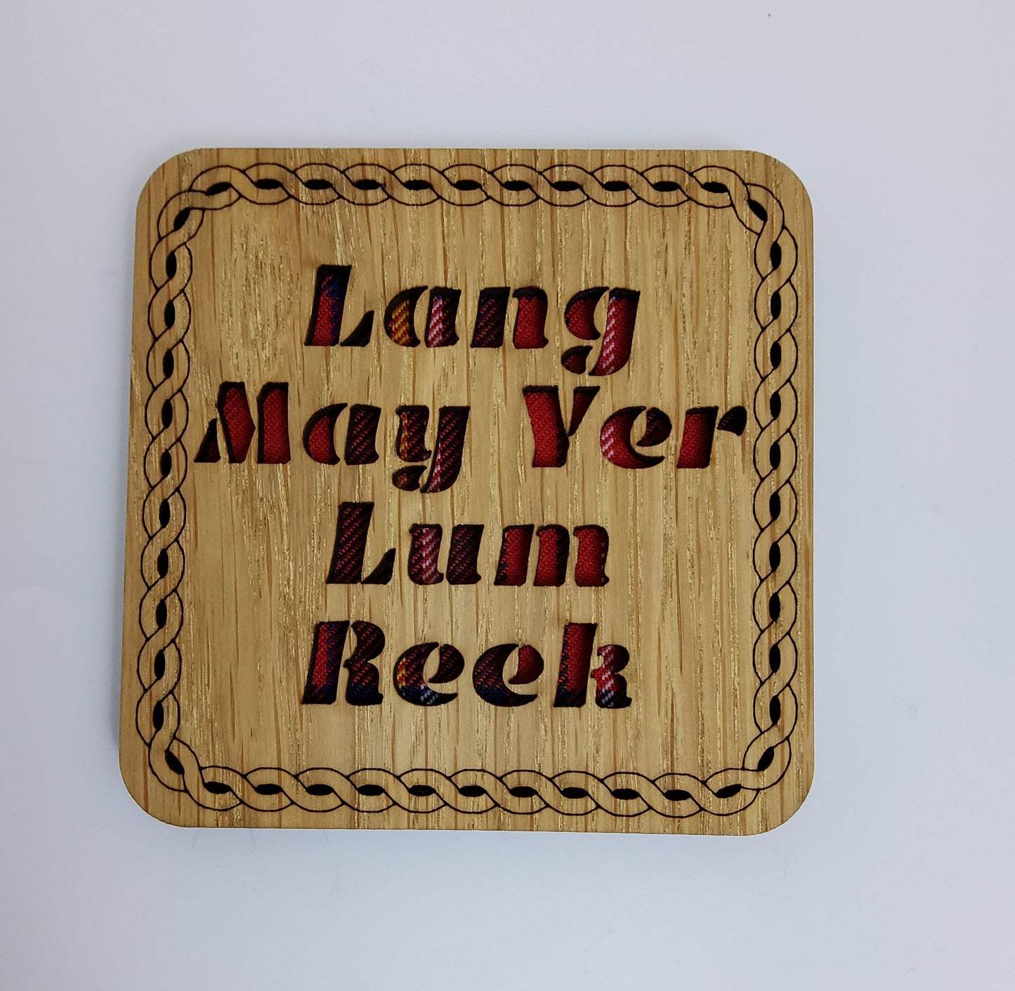 Square Lang May Yer Lum Reek Coaster with Tartan