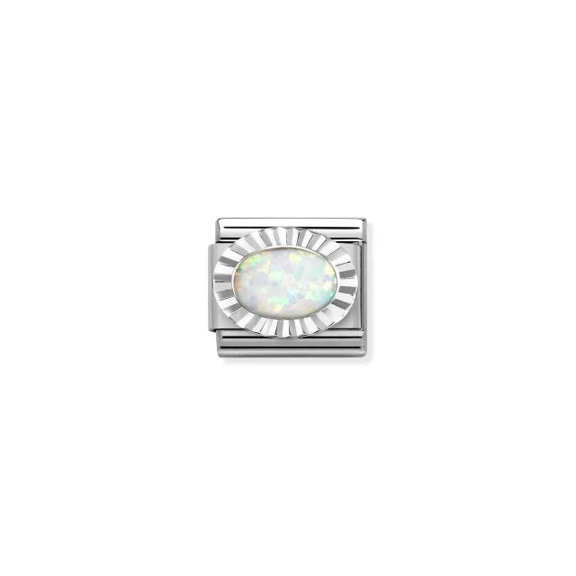 Pleated Surround Oval White Opal Charm - Silver