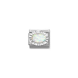 Pleated Surround Oval White Opal Charm - Silver