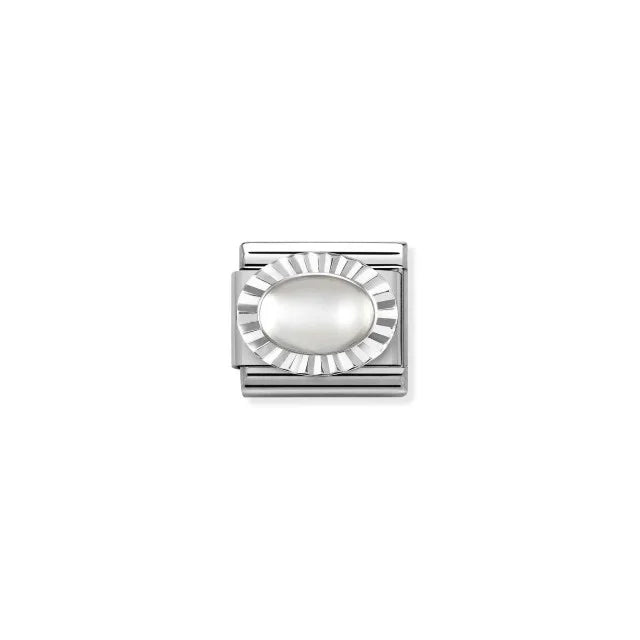 Pleated Surround Oval Moonstone Charm - Silver